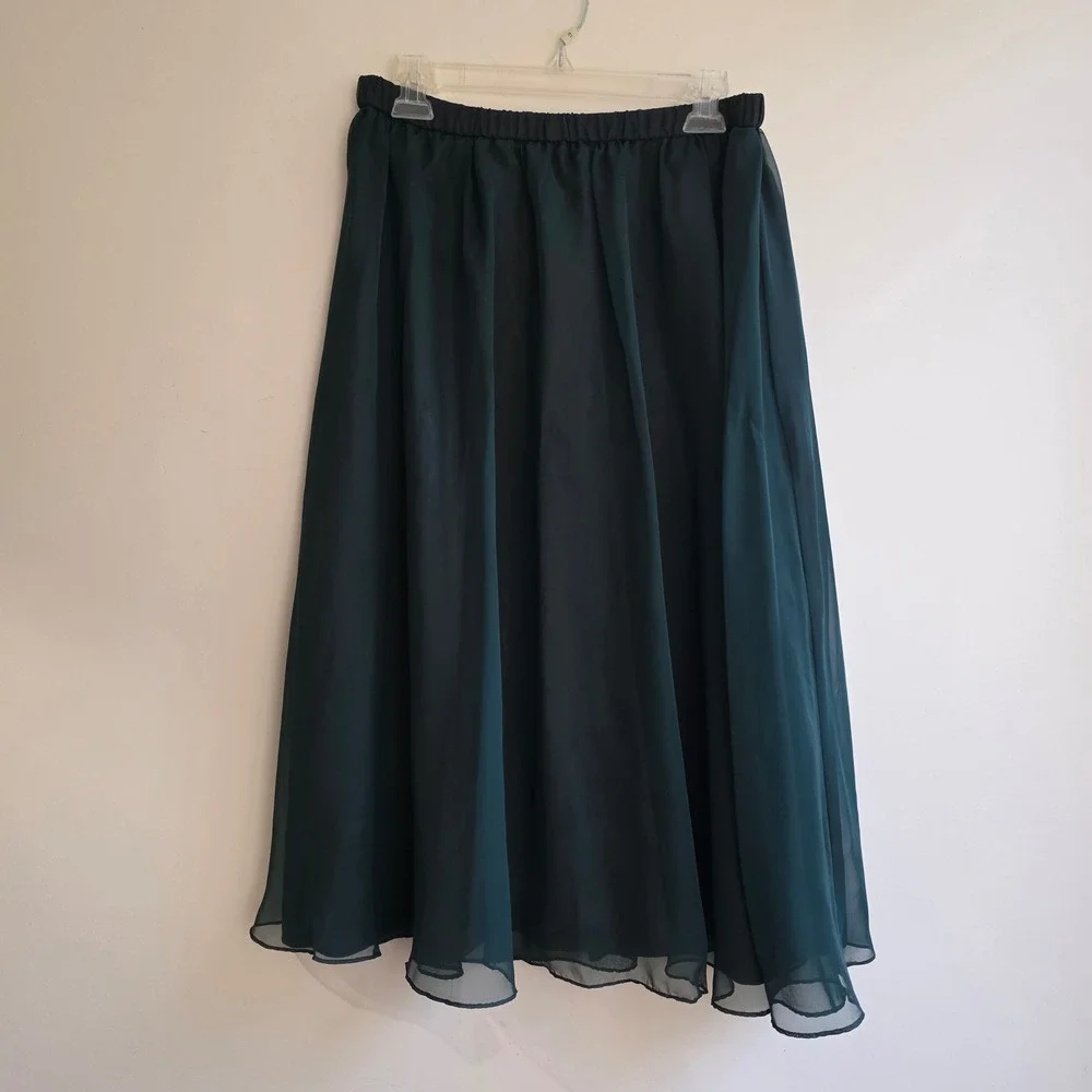 Vintage Y2K Zele Forest Green‎ Chiffon Midi Skirt Made in USA Size 14 Ethereal